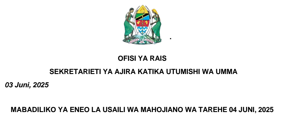 MABADILIKO ya Eneo la Usaili wa Mahojiano wa tarehe 04 Juni 2025